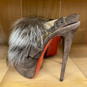 Christian Louboutin Grey Fox Fur Splash Slingback Heels
